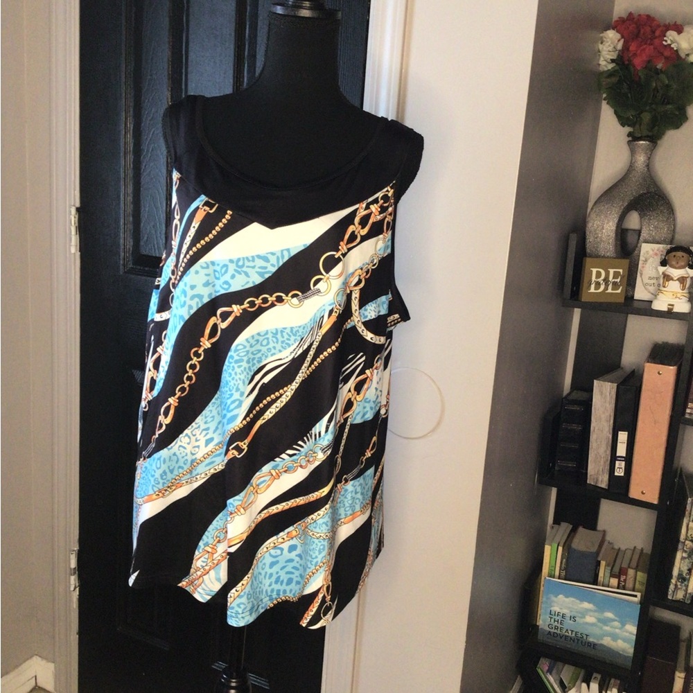 #583. Black and White Asymmetrical Tank Top with Cut Out Design